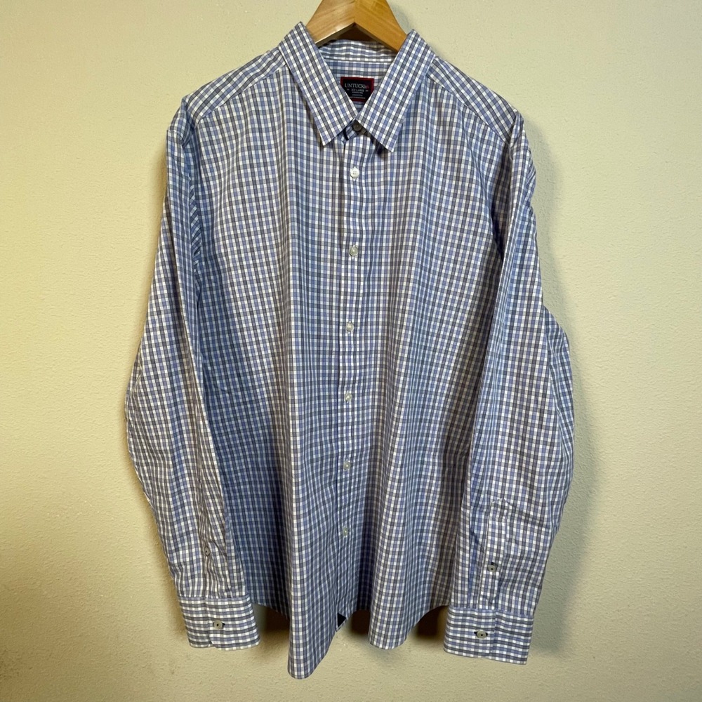 UNTUCKit Button Down Shirt Mens XXL Blue White Gingham Wrinkle Free Cotton